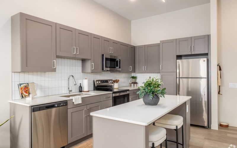 open concept kitchen with gray cabinets