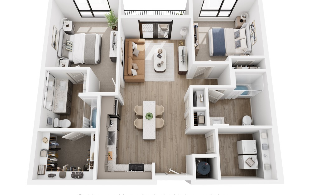 B1.A - 2 bedroom floorplan layout with 2 bathrooms and 1036 square feet (3D) B1.A - 2 bedroom floorplan layout with 2 bathrooms and 1036 square feet (3D)