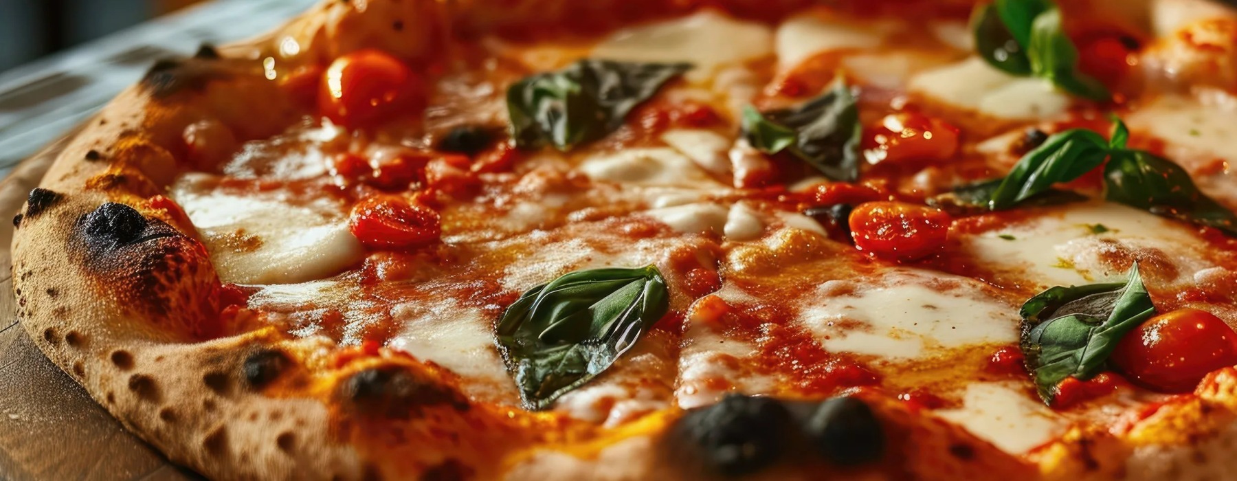 brick oven fired pizza with fresh basil and sauce